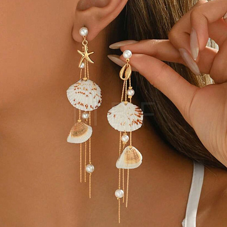 Shell Shape & Starfish 304 Stainless Steel Tassel Stud Dangle Earrings FS-WGDFBF8-01-1