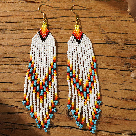Bohemian Handmade Glass Seed Beads Arrow Tassel Dangle Earrings ZN2273-4-1