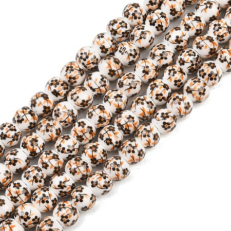 Handmade Flower Printed Porcelain Ceramic Beads Strands PORC-M005-6mm-08-1