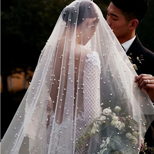 Long Mesh Tulle Plastic Pearl Beaded Bridal Veils HULI-PW0002-022C-1