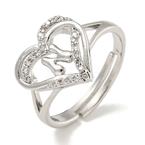 Heart with Letter Rack Plating Brass Micro Pave Clear Cubic Zirconia Adjustable Rings for Women RJEW-I105-01P-N-1