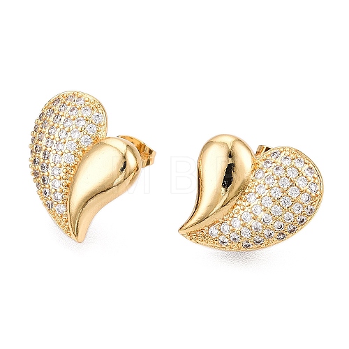 Left and Right Heart Brass Pave Clear Cubic Zirconia Stud Earrings EJEW-M258-040G-1