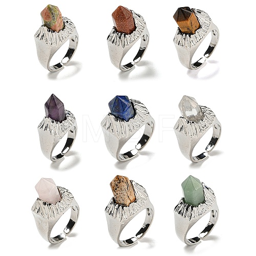 Hexagonal Prism Natural & Synthetic Gemstone & Glass Open Cuff Rings RJEW-B106-01P-1