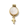 Brass Pave Natural White Shell Flat Round with Cross Pendants KK-C090-40G-05-1