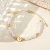 Adjustable Brass Flat Round with Religion Cross & Imitation Pearl Braided Bead Bracelets for Women FT2047-1