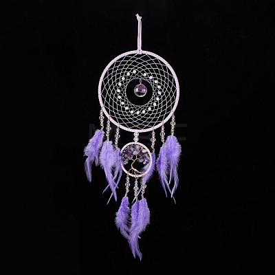Iron & Brass Wire Woven Web/Net with Feather Pendant Decorations AJEW-B017-18-1