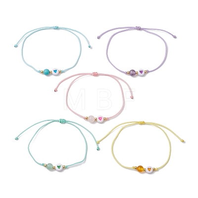 6mm Round Gemstone & Acrylic Enamel Heart Braided Bead Bracelets for Women BJEW-JB10773-1