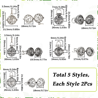 SUNNYCLUE 10Pcs 5 Styles Tibetan Style Brass Cage Pendants KK-SC0004-31-1