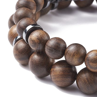 2Pcs 2 Style Natural Wood & Synthetic Hematite Beaded Stretch Bracelets Set with Gemstone BJEW-JB08153-1