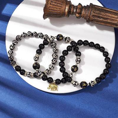 3Pcs 3 Styles 8mm Round Natural Tibetan 3-Eye dZi Agate & Eyeless Obsidian Beaded Stretch Bracelet Sets BJEW-JB10336-1