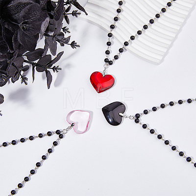 FIBLOOM 3Pcs 3 Colors Glass Heart Pendant Necklaces Set with Plastic Beaded Chains NJEW-FI0001-40-1