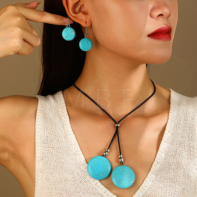 Alloy & Synthetic Turquoise & Imitation Leather Cord Pendant Necklaces & Dangle Earrings Sets FS-WG3CE4D-02-1