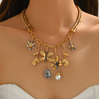 Alloy & Imitation Pearl Sun Butterfly Flower Pendant Bib Necklaces for Women WGA5C74-01-1