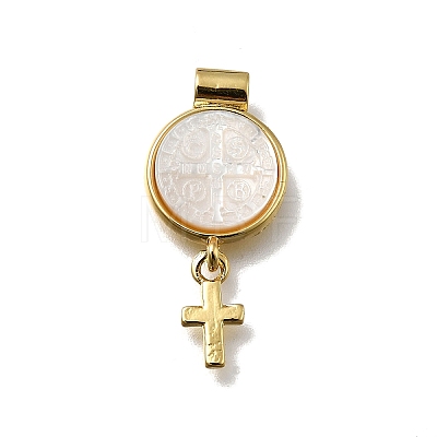 Brass Pave Natural White Shell Flat Round with Cross Pendants KK-C090-40G-05-1