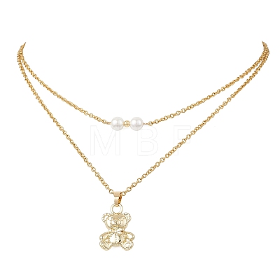Alloy Bear and White Round Pendant 304 Stainless Steel Cable Chain Double Layer Necklaces for Women NJEW-JN05758-01-1