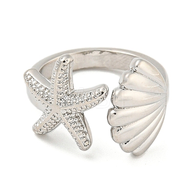 Starfish & Shell Rack Plating Brass Open Cuff Rings RJEW-N047-02P-RS-1