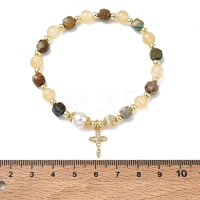 Brass Micro Pave Clear Cubic Zirconia Charm Natural Golden Silk Jade Round and Faceted Cube African Turquoise(Jasper) Beaded Stretch Bracelets for Women BJEW-JB14378-01-1