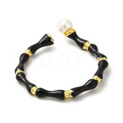Black Enamel Bamboo Joint Open Cuff Ring with ABS Plastic Pearl Beaded RJEW-H120-08G-1