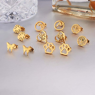 6 Pairs 6 Style Butterfly & Leaf & Tree of Life & Cat Claw Print & Music Note & Wave 316 Surgical Stainless Steel Stud Earrings for Women JE932A-1