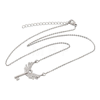 Brass Micro Pave Clear Cubic Zirconia Winged Key Pendant Necklaces CU-CBABA66-13P-1