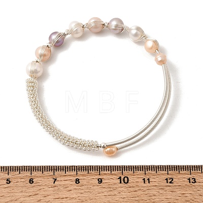 Brass Wire Wrapped Natural  Pearl Cuff Bangles for Women BJEW-D453-05S-1