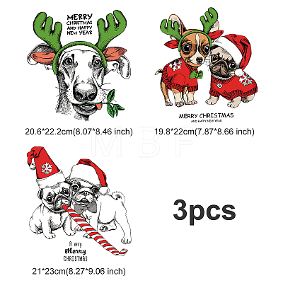 3Pcs 3 Style Christmas Theme Word & Dog/Reindeer Pet Film with Hot Melt Adhesive Heat Transfer Film DIY-CN0001-38-1