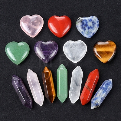 14Pcs Chakra Heart & Hexagonal Prism Mixed Natural Gemstone Healing Stones Set PW-WG55180-01-1