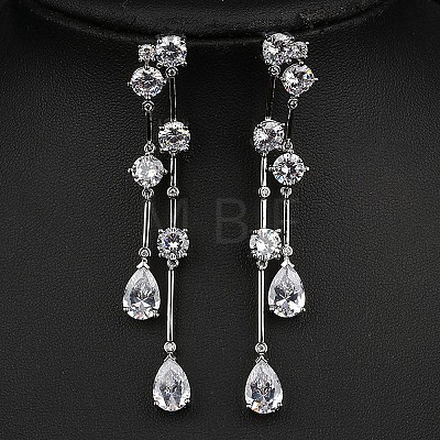 Brass Clear Cubic Zirconia Teardrop Tassel Stud Earrings FS-WG0D253-02-1