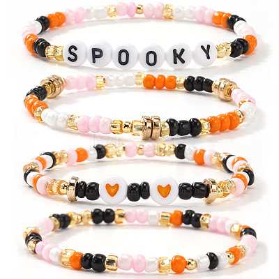 4Pcs 4 Styles Halloween Acrylic & Glass & Brass Stretch Bracelets for Women DL8423-1-1