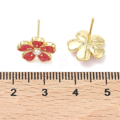 Flower Brass & ABS Plastic Pearl Stud Earrings EJEW-P336-07G-02-1