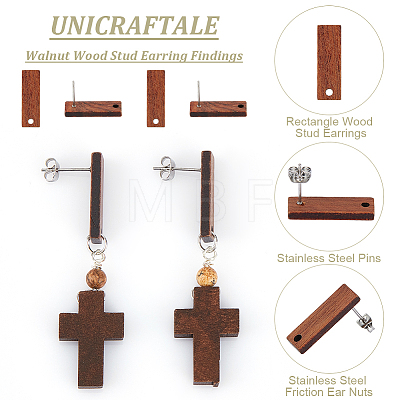 Unicraftale 15 Pair Walnut Wood Stud Earring Findings STAS-UN0055-14B-1