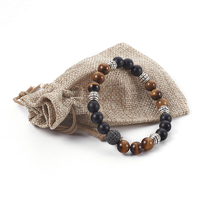 Natural Tiger Eye and Natural Black Agate(Dyed) Beads Stretch Bracelets BJEW-JB04005-01-1