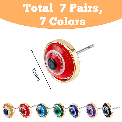 FIBLOOM 7 Pairs 7 Colors Resin Evil Eye Stud Earrings for Women EJEW-FI0001-71-1