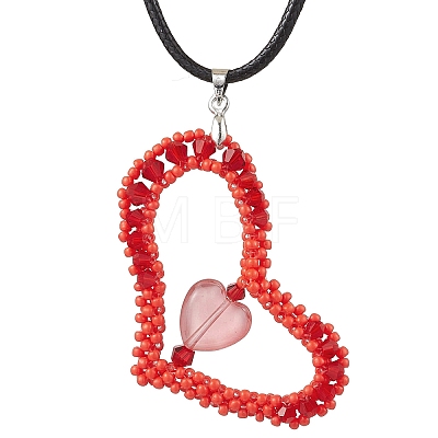 Valentine's Day Glass Seed Beads Beaded Heart Pendant Necklaces NJEW-MZ00079-02-1