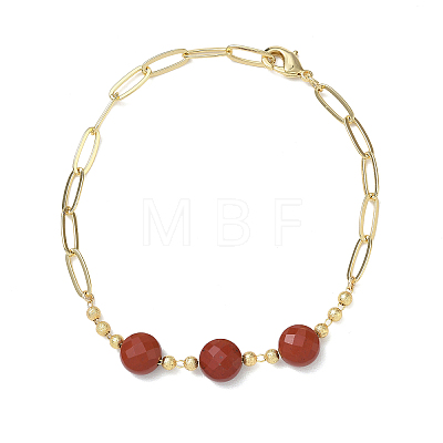 Natural Red Jasper Faceted Flat Round Beaded Brass Paperclip Chain Bracelets GG-CBA37F5-02G-11-1