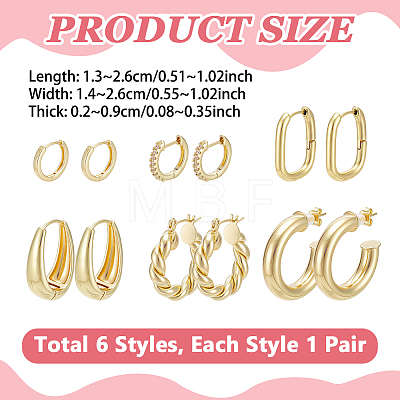 6 Pairs Brass Hoop Earring & Stud Earring Sets EJEW-UN0005-41-1