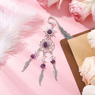 Alloy Sun & Woven Net/Web with Feather Charms Bookmarks AJEW-JK00368-02-1