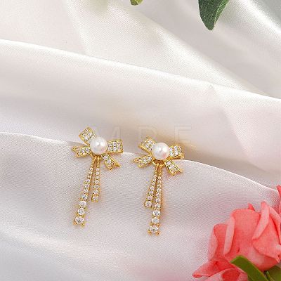 Clear Cubic Zirconia Bowknot Dangle Stud Earrings with Imitation Pearl Beaded JE1094A-1