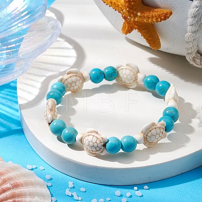 Round & Turtle Dyed Synthetic Turquoise & Magnesite Beaded Stretch Bracelets for Women BJEW-JB10936-02-1