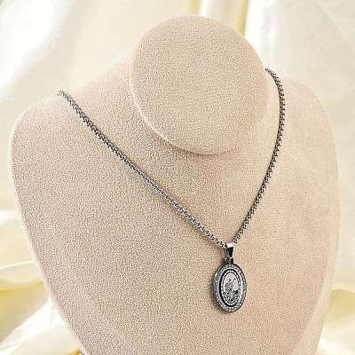 304 Stainless Steel Micro Pave Clear Cubic Zirconia Oval Pendant Box Chain Necklaces for Men NJEW-S387-02P-1