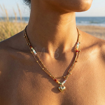 Rainbow Natural Mixed Stoned Beaded Double Layer Necklaces with Stainless Steel Heart Pendant for Beach Vacation KB9378-1-1