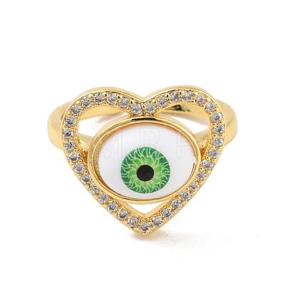 Cubic Zirconia Heart with Evil Eye Open Cuff Ring with Acrylic RJEW-B042-05G-1