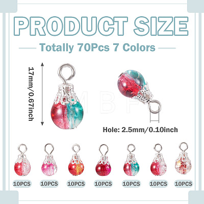70Pcs 7 Colors Transparent Crackle Glass Round Bead Pendants PALLOY-TADJ00017-1