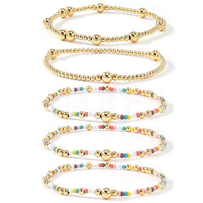 5Pcs 5 Styles Brass & Glass Beads Stretch Bracelets LM8545-1-1