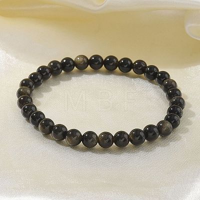 Natural Golden Sheen Obsidian Bead Stretch Bracelets X-BJEW-K212-A-020-1