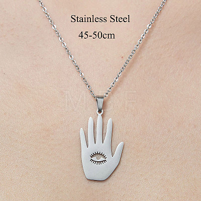 Non-Tarnish 201 Stainless Steel Hollow Hamsa Hand with Eye Pendant Necklace NJEW-OY001-79-1