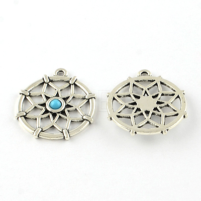 Filigree Flat Round Tibetan Style Alloy Synthetic Turquoise Pendants G-D732-AS-1