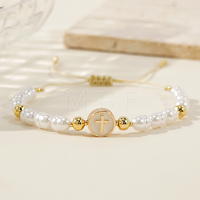 Adjustable Brass Flat Round with Religion Cross & Imitation Pearl Braided Bead Bracelets for Women FT2047-1