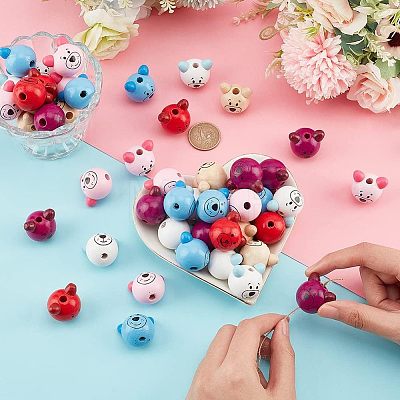  72Pcs 6 Styles Printed Natural Wooden Beads WOOD-NB0002-07-1