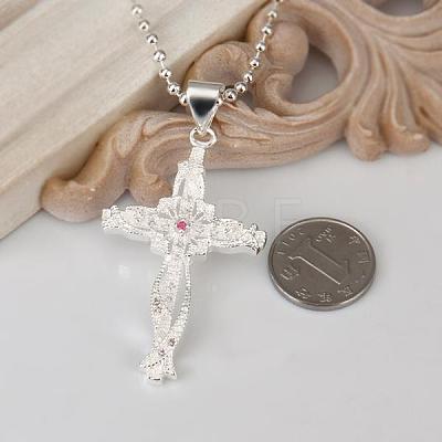 Simple Silver Color Plated Brass Cubic Zirconia Cross Pendant Unisex Necklaces NJEW-BB12827-1